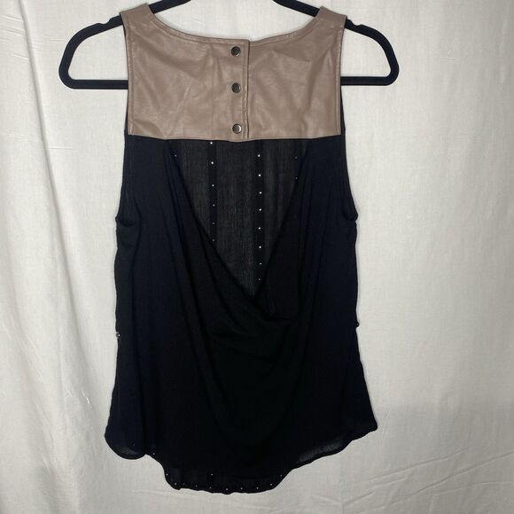 HYFVE Blouse Sleeveless Faux Leather Sheer Studded Open Back Womens M Black Tan - Picture 3 of 12